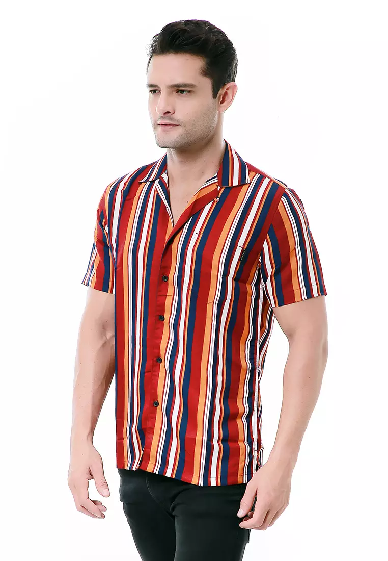 Leopold Atasan Pria Kemeja Motif Salur Lengan Pendek Material Cotton ORIGINAL - Maroon Yellow