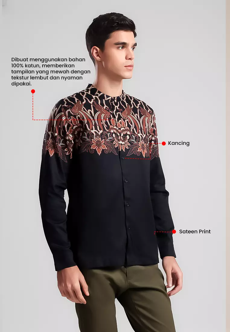 MANZONE - Kemeja Batik Shanghai Lengan Panjang Pria Ernando Modern Fit - Black Warna Black