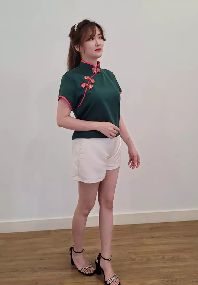 Ivory Cheongsam Cap Sleeves Top Emerald Green