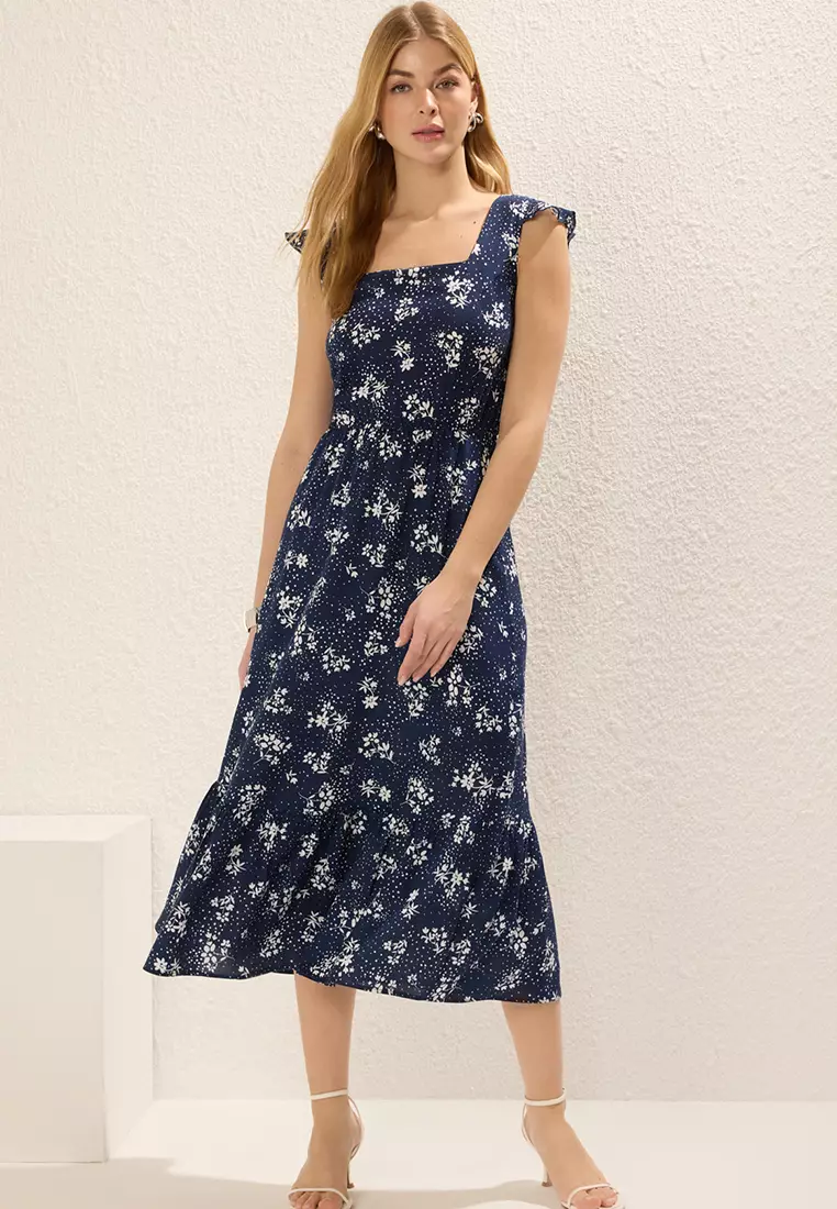 Floral Frilled Midi Woven Dress with Waist Opening Skirt