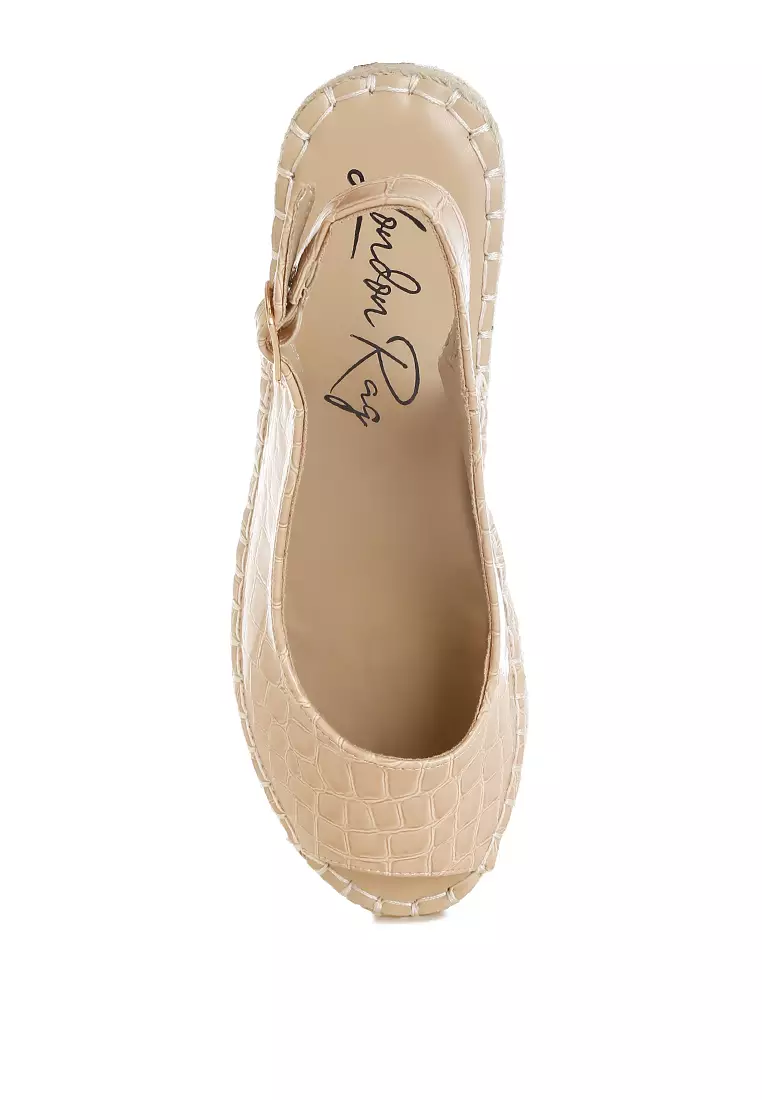 米色 Croco 露趾坡跟鞋
