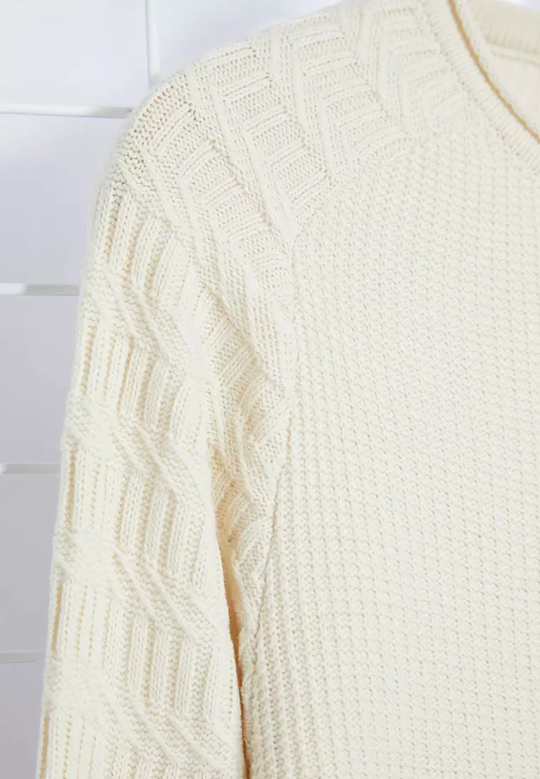 Ecru Slim Slim Fit Crew Neck Textured Knitwear Sweater TMNAW22KZ0380