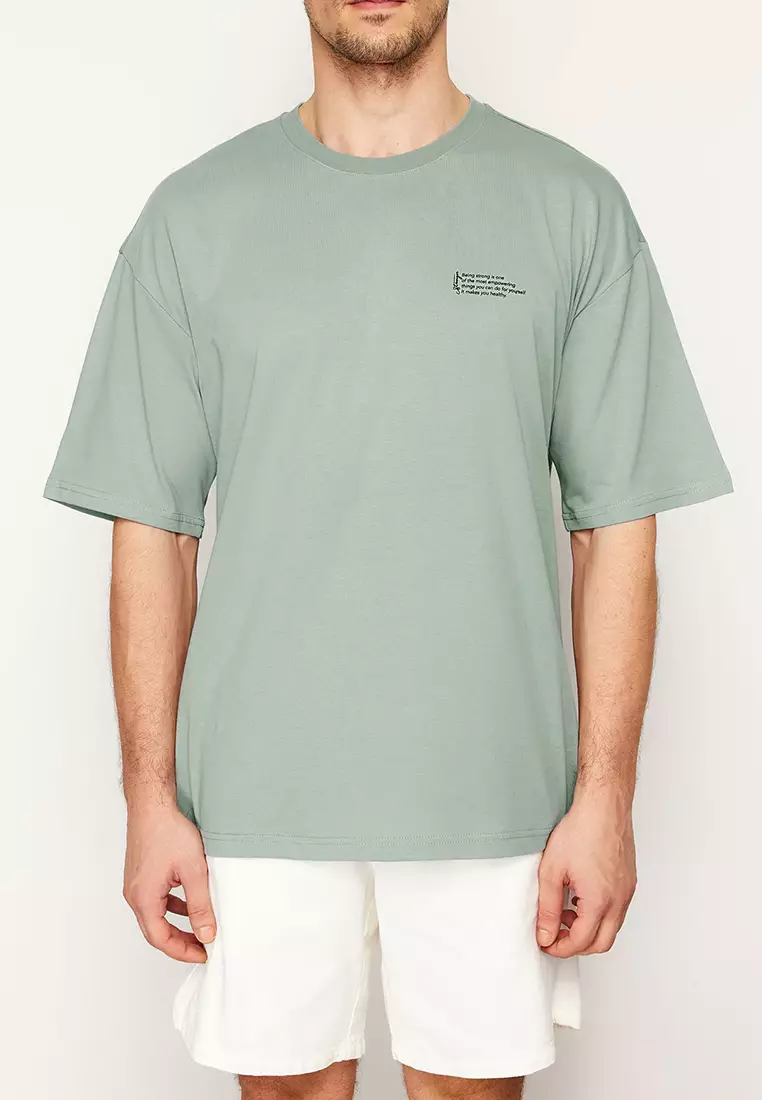 Dark Mint Oversize 100% Cotton Crew Neck Minimal Text Printed Tok Fabric T-Shirt Tmnss23Ts00084