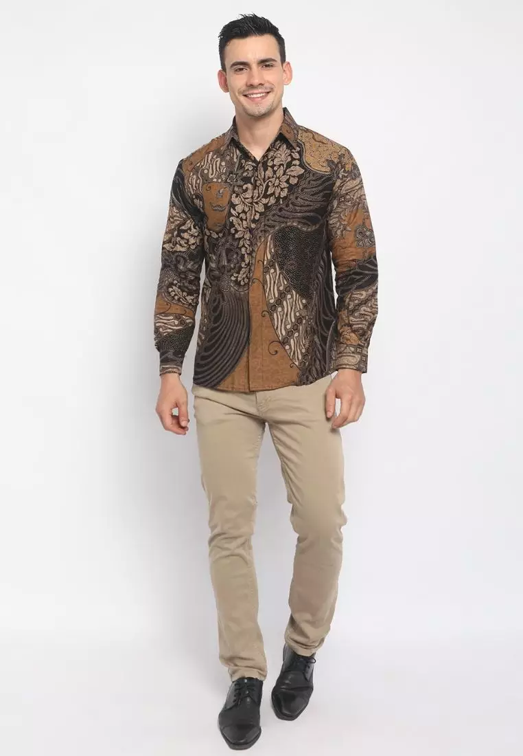 Kemeja Batik Pria Premium Slimfit Elegant Modern Lengan Panjang Coklat Seno