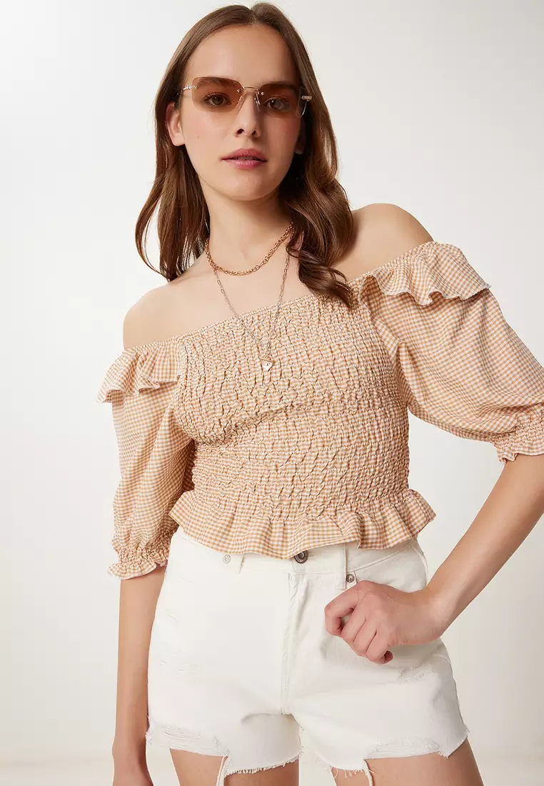 Women's Biscuit Check Stretchy Crop Woven Blouse Tp00070