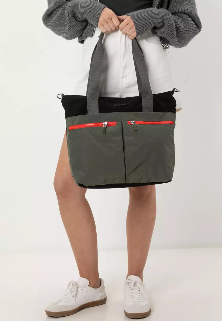 Colour Block Nylon Convertible Tote Bag