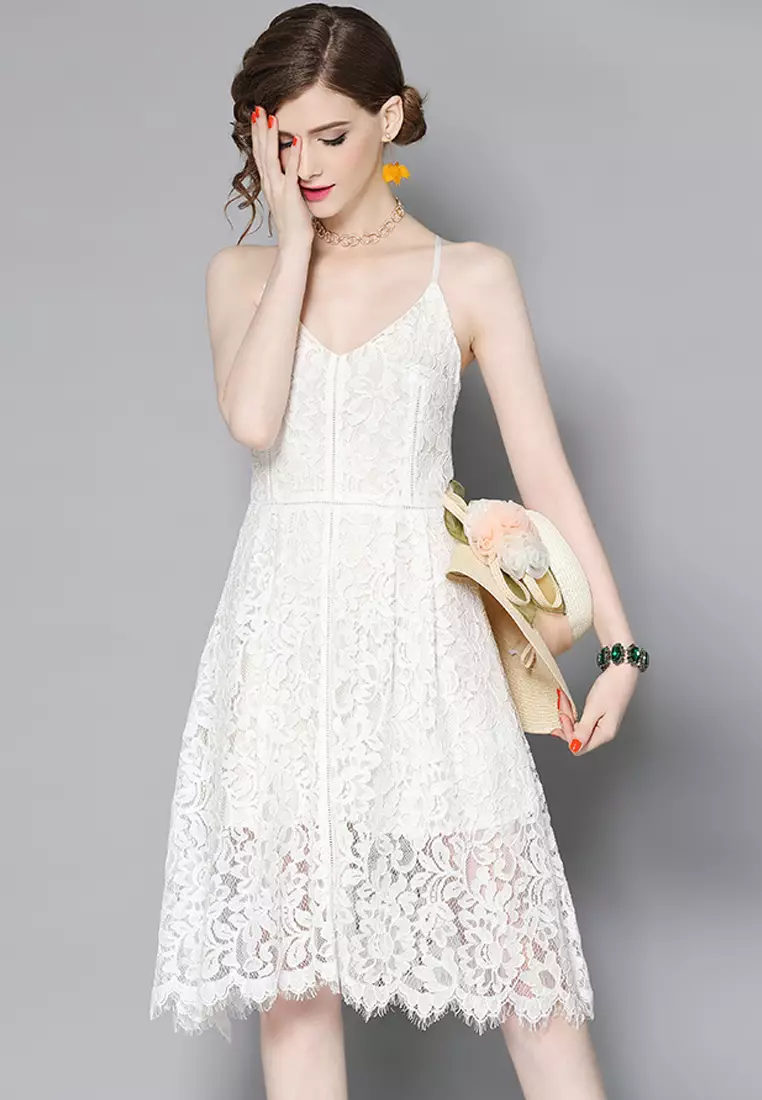 Carina Tie Neck Lace Punching Dress ワンピース Sunnydaysweety Summer New White V Neck Lace One Piece Dress