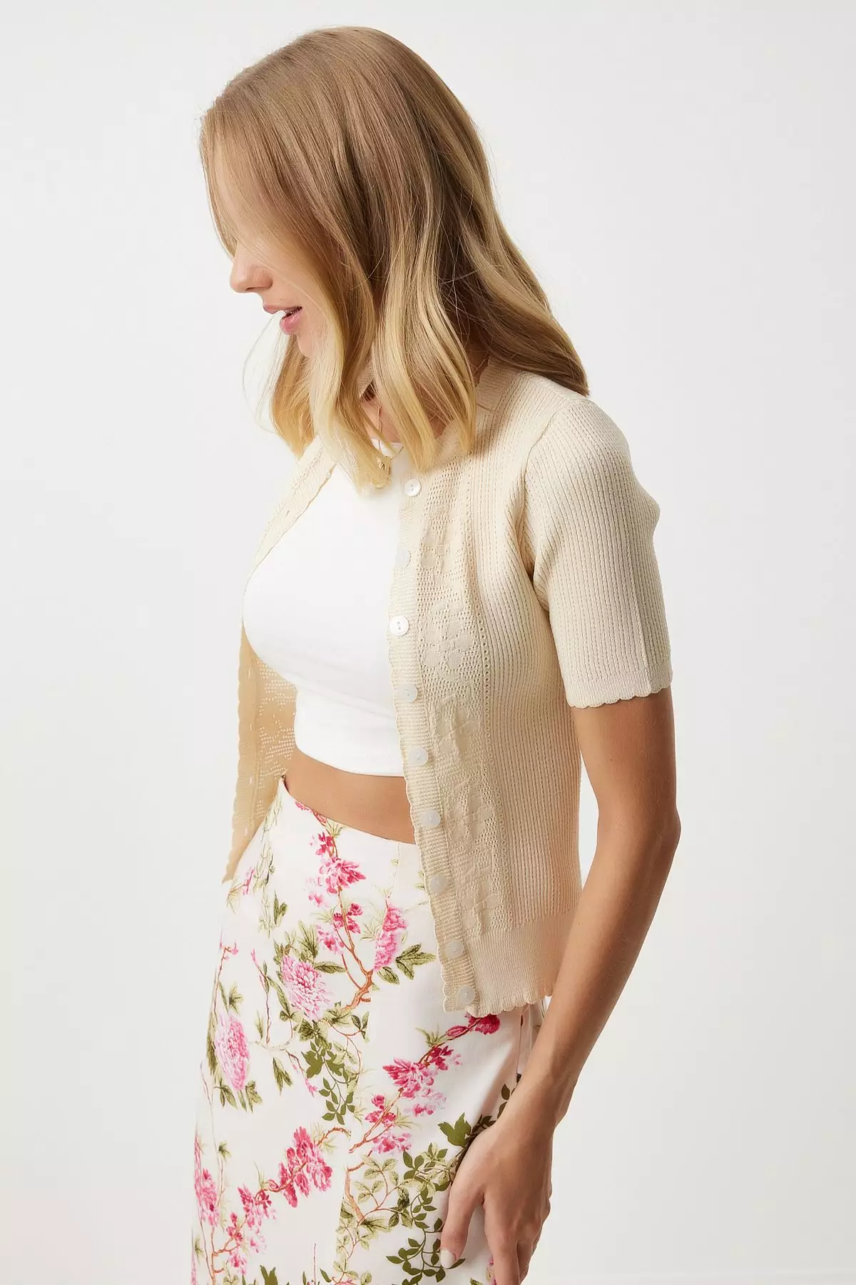 Pink Patterned Regular Basic Slit Skirts