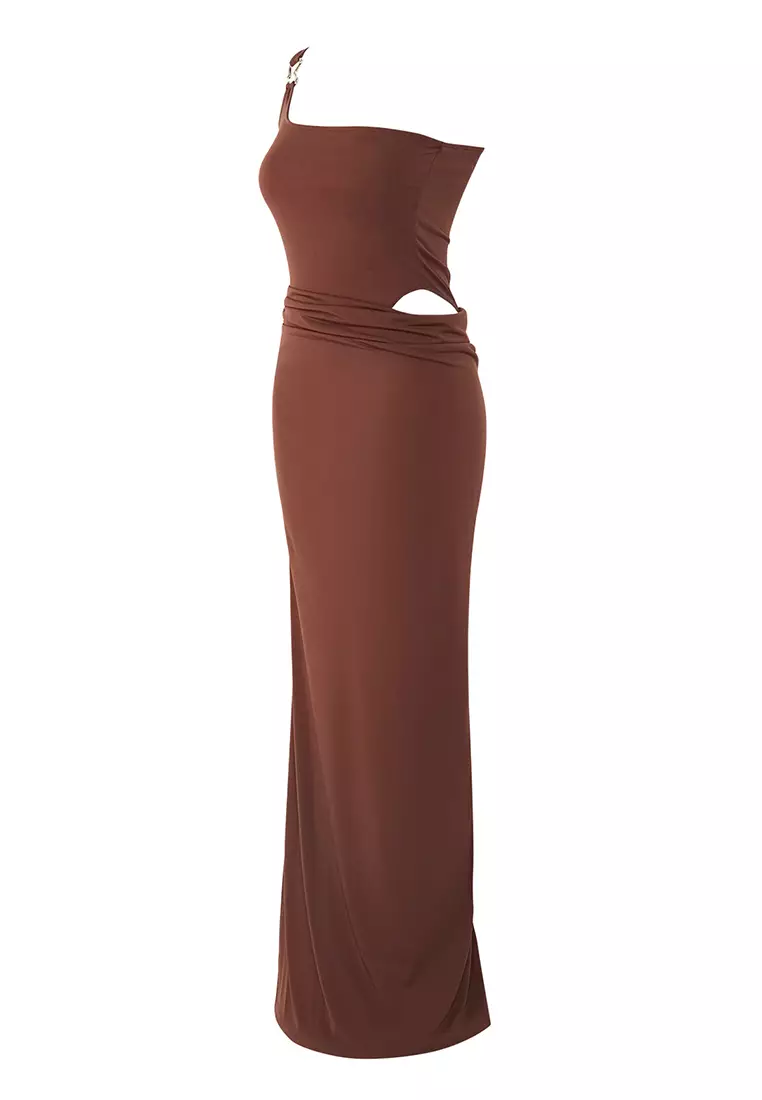 Brown Body-fitting Accessory Detailed Knitted Long Elegant Evening Night Graduation Dress TPRSS25AE00104