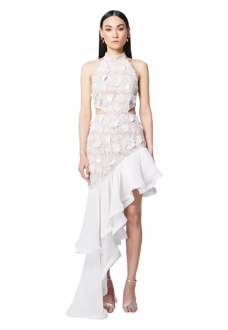 Halter Neck 3D Floral Applique High-Low Maxi Dress CA26022442