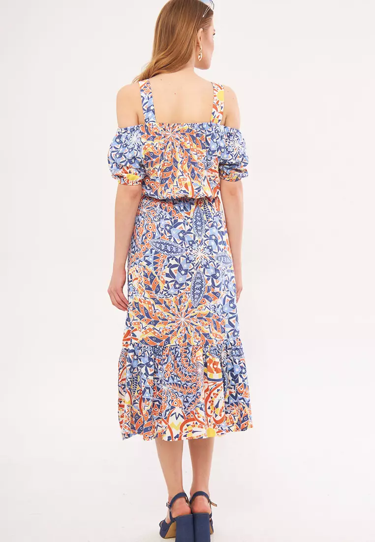 Cold Shoulder Pattern Midi Dress