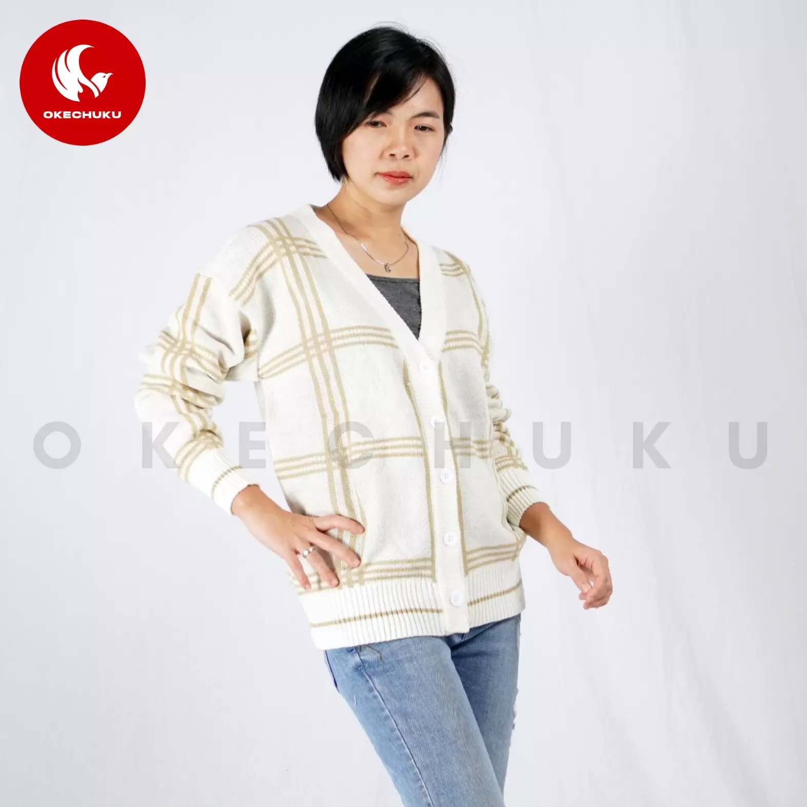  KARDIGAN MINGYU Cardigan Rajut V Neck Unisex Pria Wanita - Brokenwhite