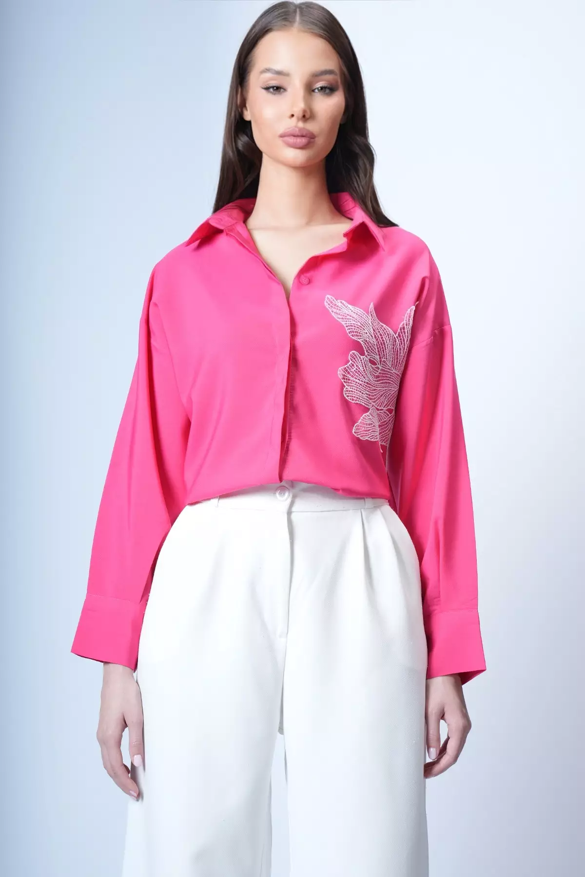 Fuchsia Floral Embroidered Oversize Woven Shirt Alc-X12651