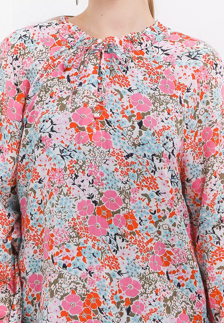 Floral Tie-Neck Long Sleeve Popover Blouse