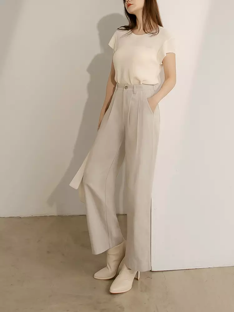 Cotton Waist-Defining Pleated Slim Straight Pants [BA7454]