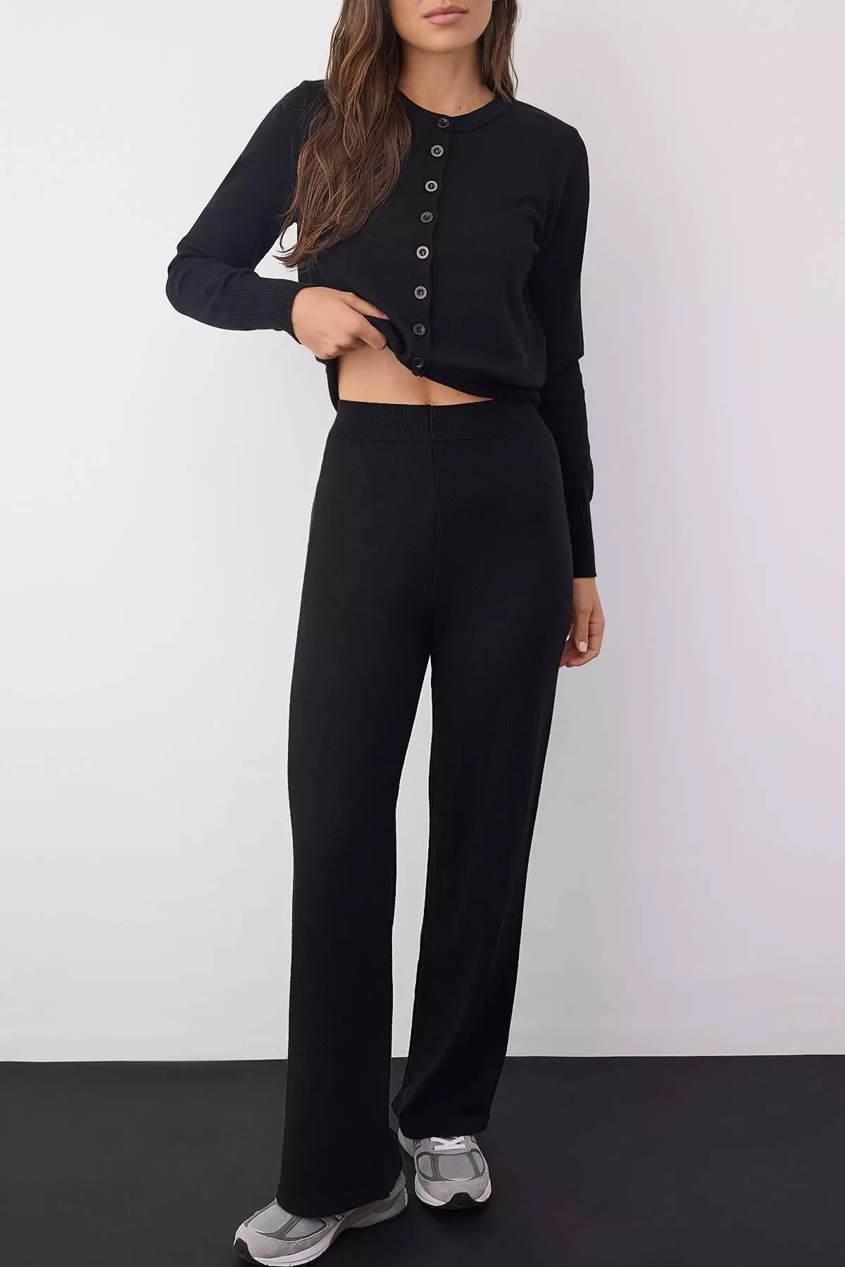 Wardrobe Essentials Black Mercerized Look Knitwear Cardigan-Pants Top-Bottom Set | Twoaw26Au00003