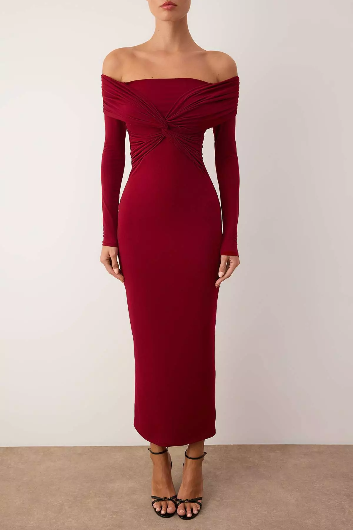 Burgundy Collar Detailed Knitted Midi Unlined Stylish/Evening Dress Tpraw26El38