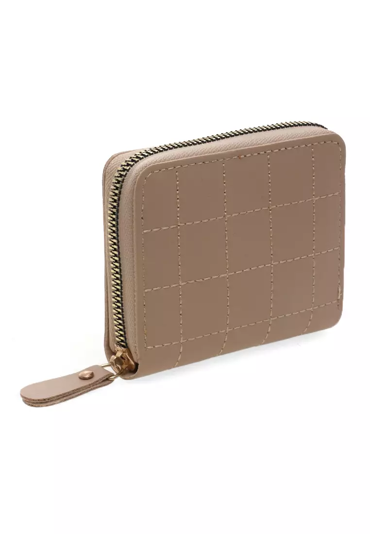 Dompet Zip Motif Kotak-Kotak Design Casual Small Wallet Premium Quality - Coklat
