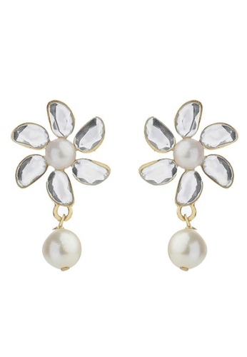 estele white Estele Mirror white kundan flower petal with white pearl drop earrings  for women E6014ACA585F34GS_1