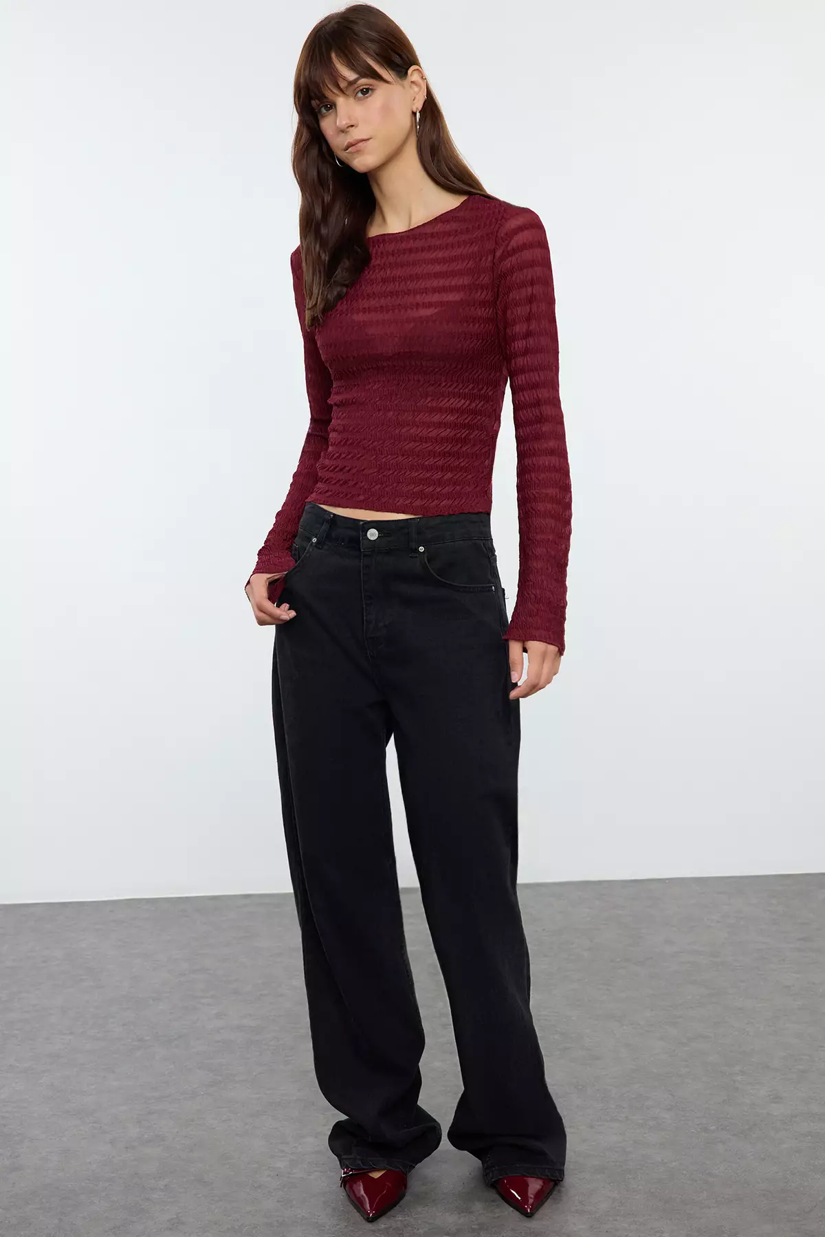 Burgundy Straight Long Slim Blouse