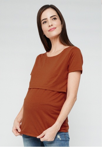9months Maternity brown Brown S/S Nursing Top 78F57AA80263F0GS_1
