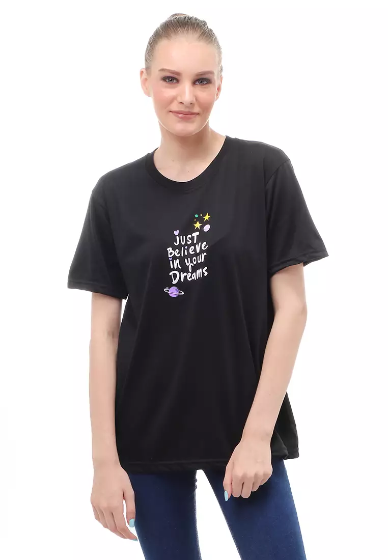 Heller Kaos Atasan Wanita Oversize Motif Print Short Sleeves Relaxed Fit - Lepen Hitam