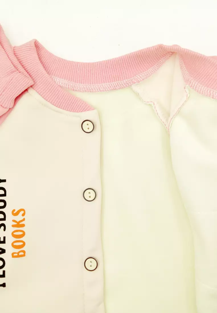 Jaket Bayi Baseball Fleece Atasan Sweater Kancing Anak Import Tebal dan Lembut Motif Love Book Cat 4407 Pink