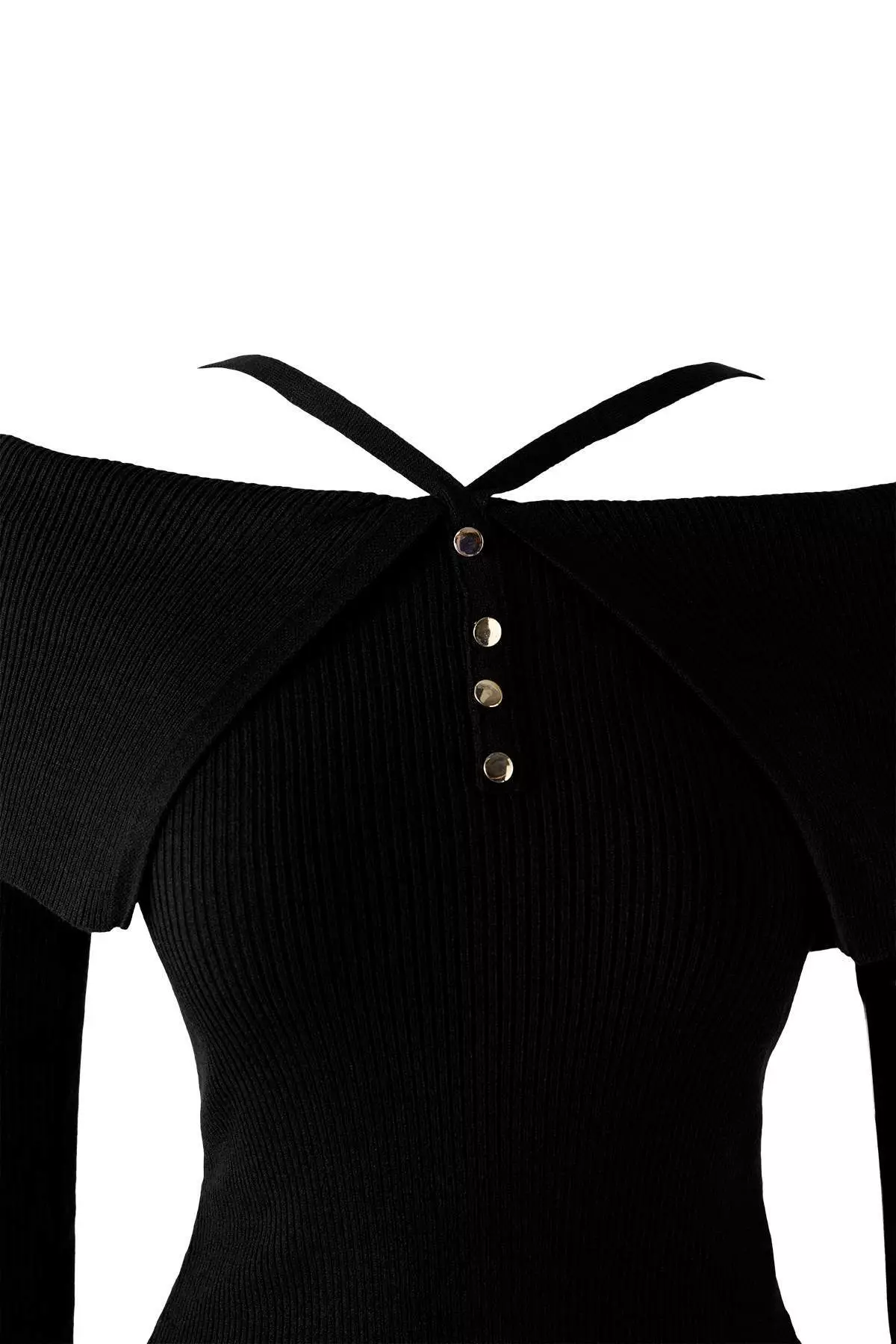 Black Premium Yarn/Special Yarn Carmen Neck Strap Knitwear Sweater