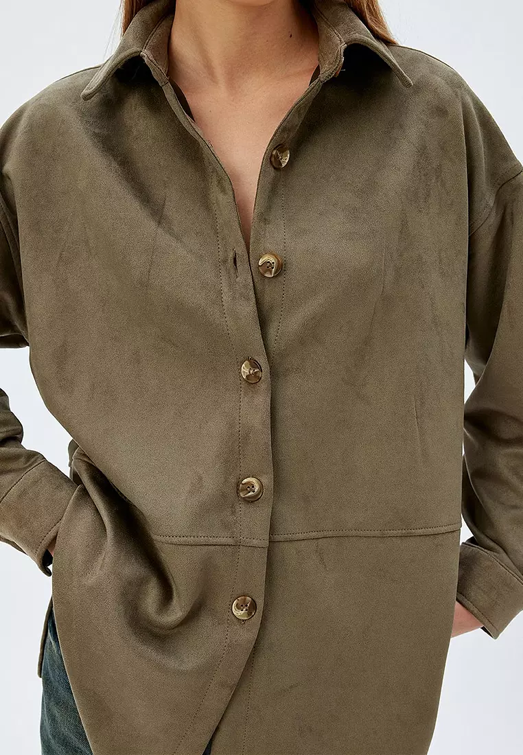 Long Sleeve Buttoned Faux Suede Shirt Jacket