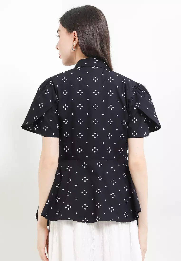 Blouse Atasan Batik Wanita Kutubaru Kiara Polka Black Lengan Pendek