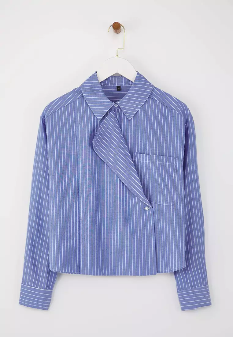 Blue-Multicolored Jacket Collar Oversize Striped Woven Shirt Twoaw26Go00020