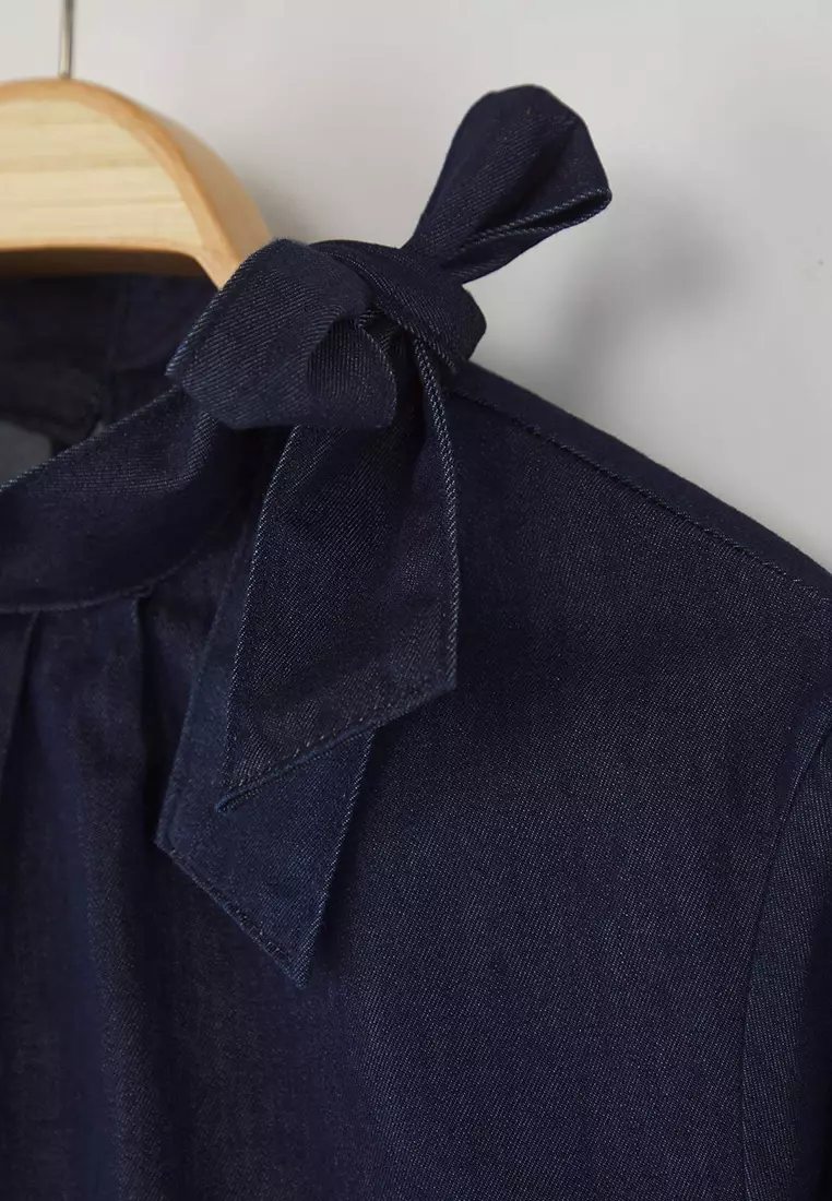 Dark Blue Tie Collar Detailed Denim Blouse Twoaw26Bz00089