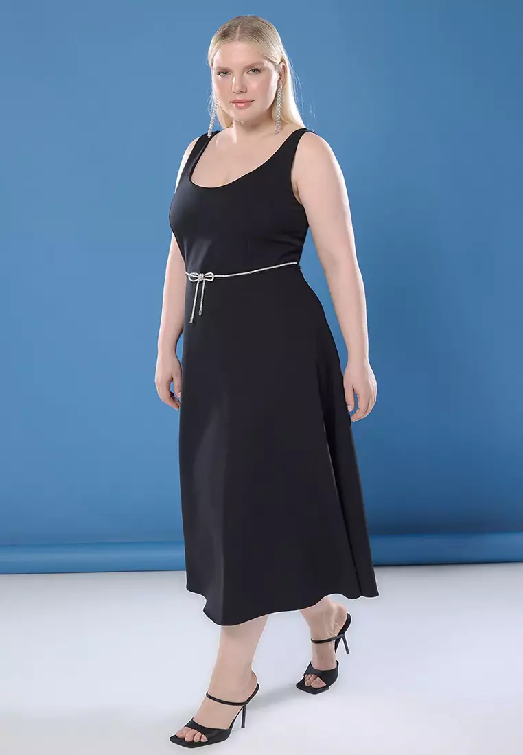 Black Sleeveless Midi A-Line Stoned Bow Belted Woven Plus Size Dress Tbbss25Ah00143