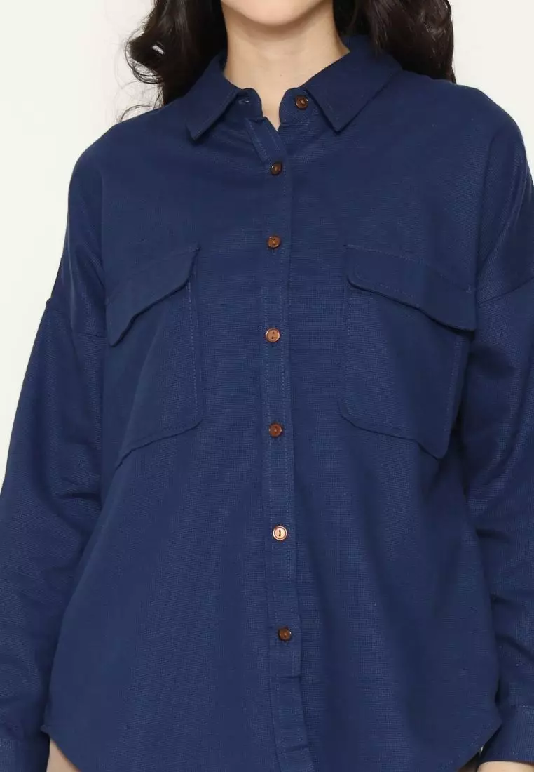 Urban Exchange Ariana Waffle Navy Shirt - Atasan Kemeja Outer Navy