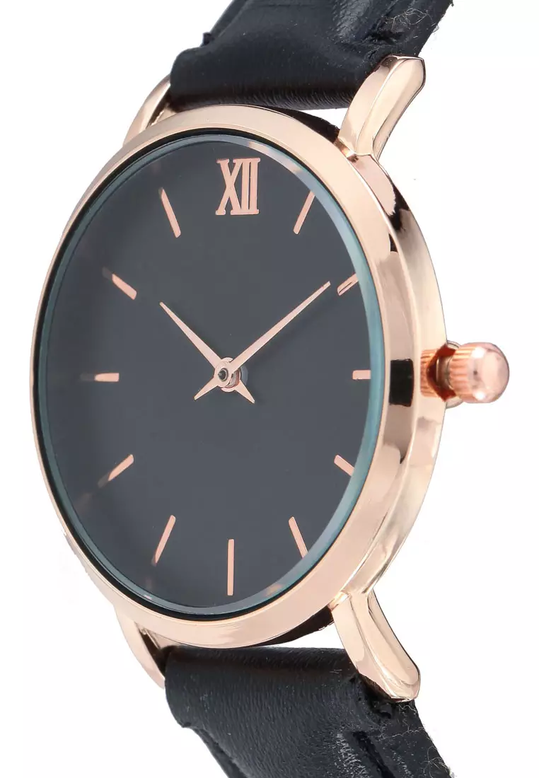 Round Face Gold Black And Black Strap Watch