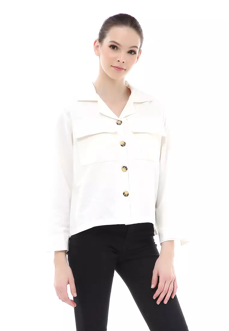 Brielle Atasan Wanita Kemeja Pocket Plain Motive Lengan Panjang Material Linen ORIGINAL - White