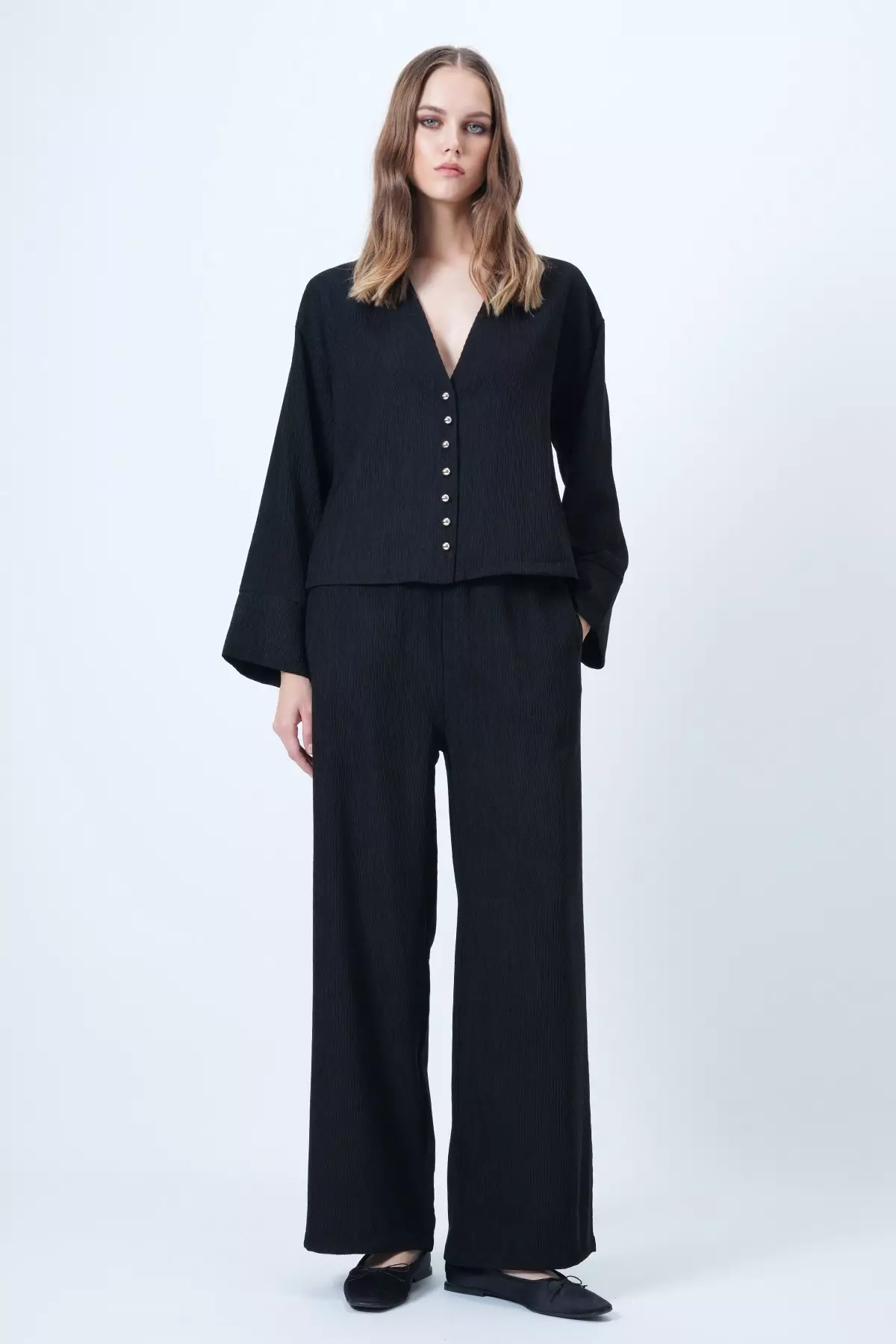 Black Judge Collar Gold Button Detailed Velvet Jacket And Palazzo Trousers Two-Piece Set Alc-X14633