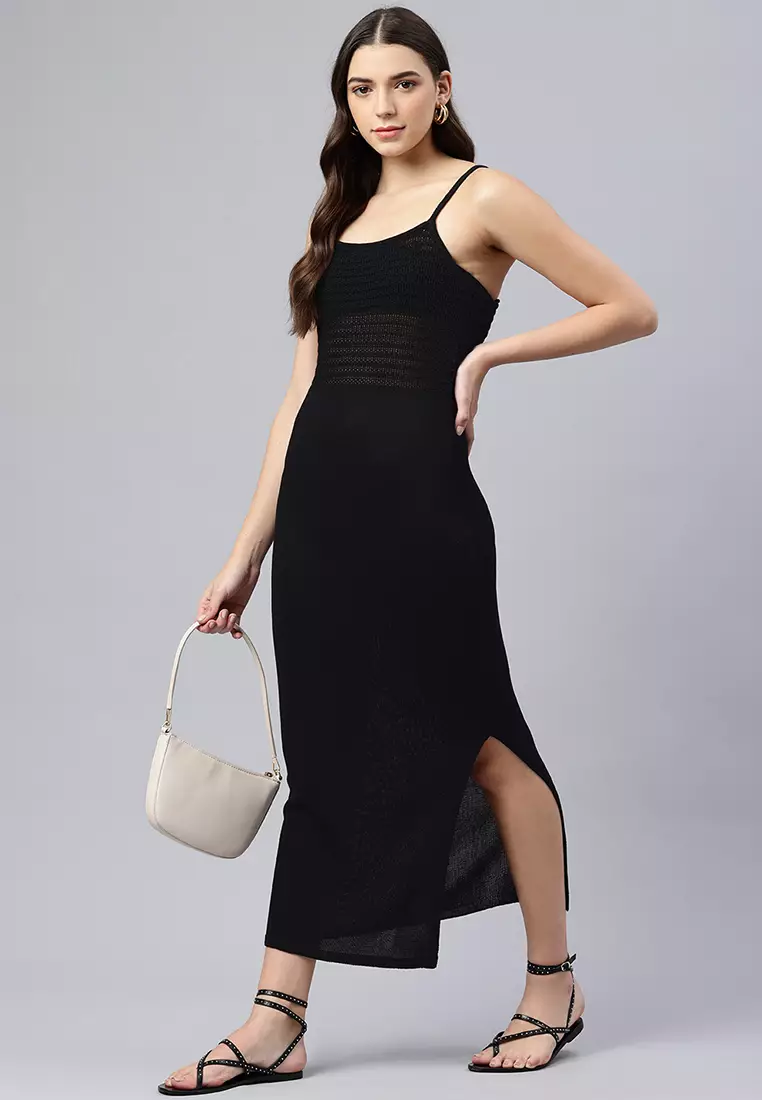 Black Straight Side Slit Dress