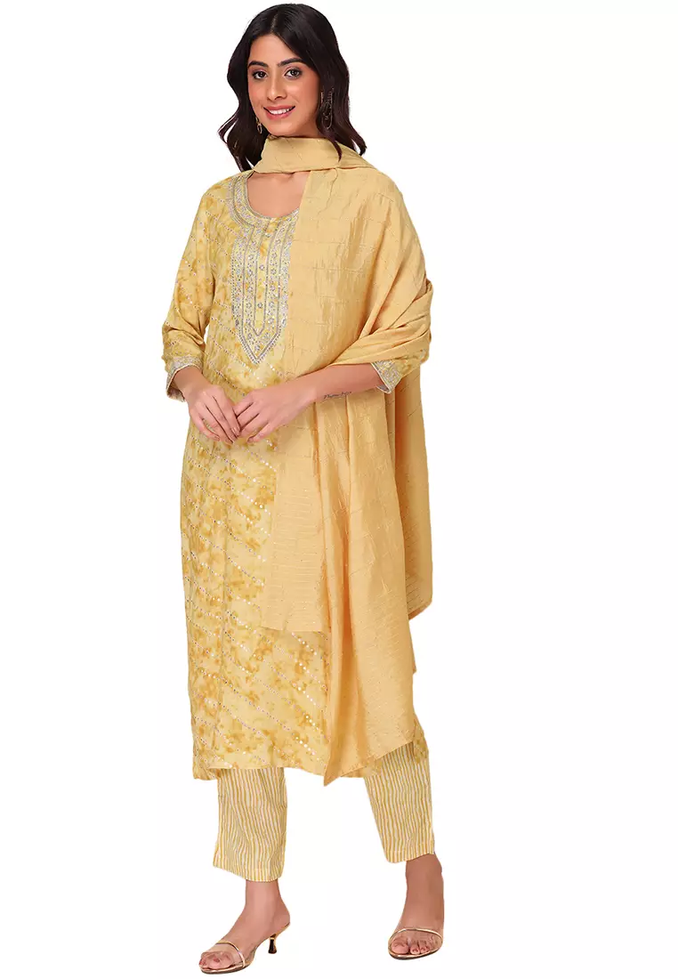Yellow Marble Print Embroidered Rayon Kurta With Pants And Dupatta Set of 3