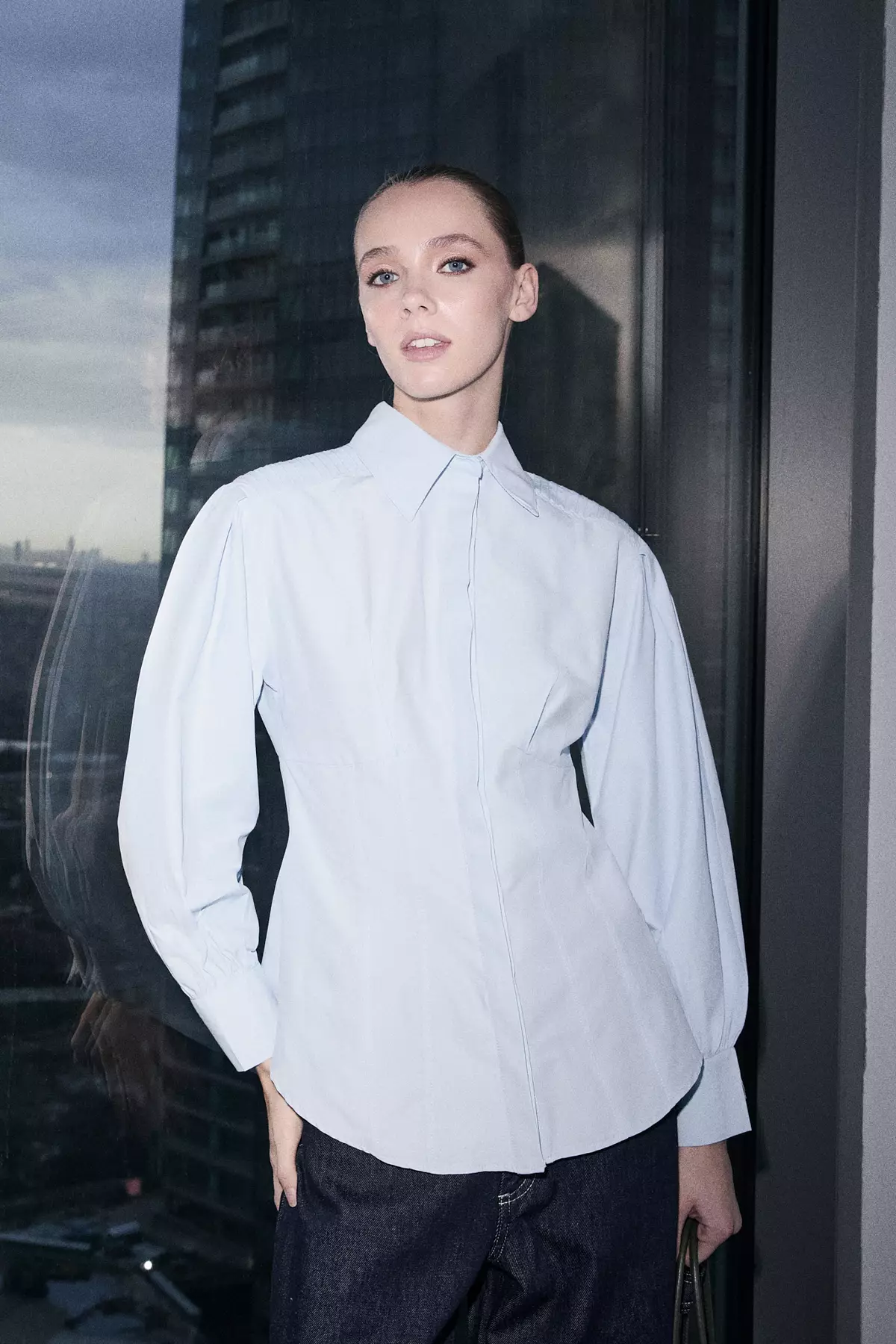 Light Blue Fitted Balloon Sleeve Fitted/Waist-Fitting Cotton Pack Shirts Tctss26Tg00015