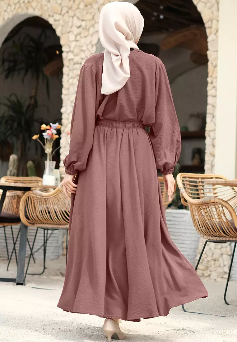 JV Hasanah Set Rok Baju Kurung Selena Mauve | Setelan Rok Crinkle Jumbo Busui