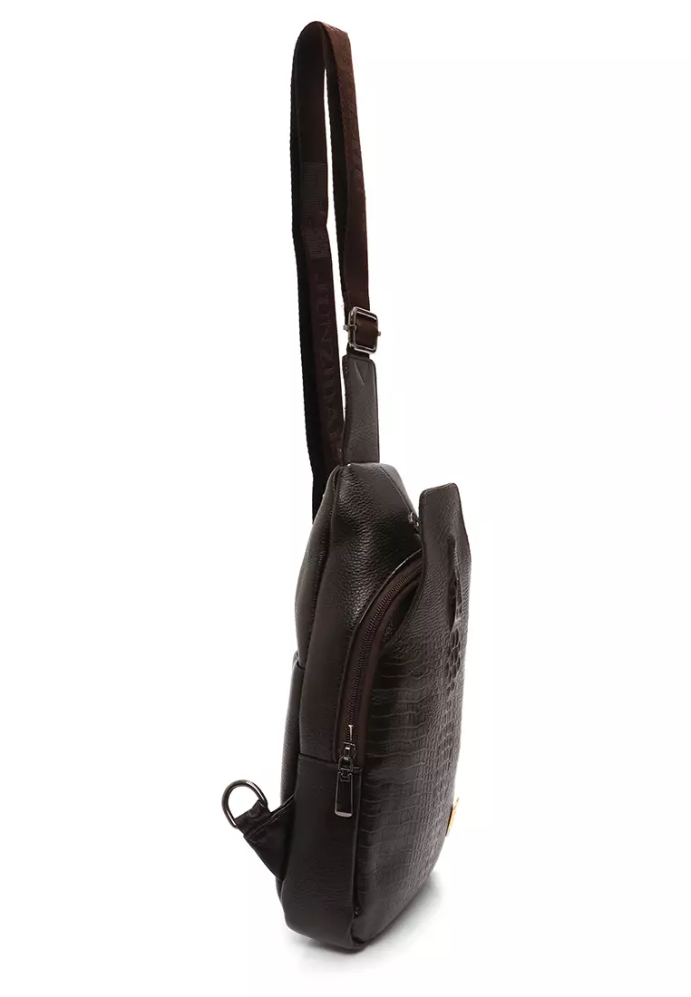Roger Slingbag Pria Casual USB Port Motif Crocodile Material Leather ORIGINAL - Brown