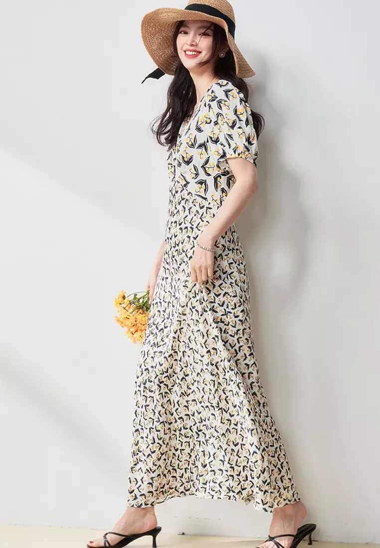 2025 French style puff sleeve waist dress CA25060366W