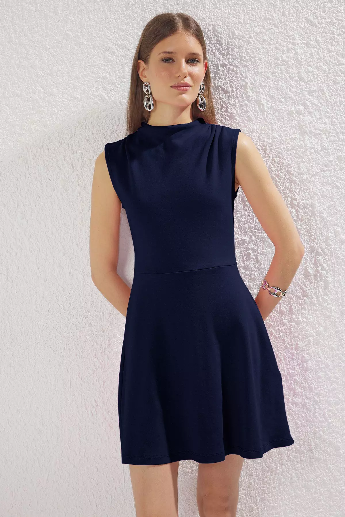 Navy Blue Stand Collar Skater/Waist Open Mini Knitted Dress TWOSS25EL00359