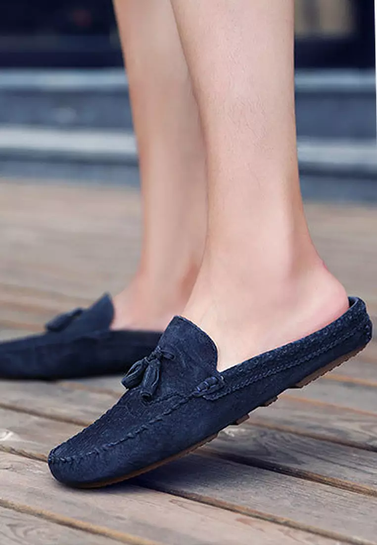 Ergonomic pigskin fringed half slippers