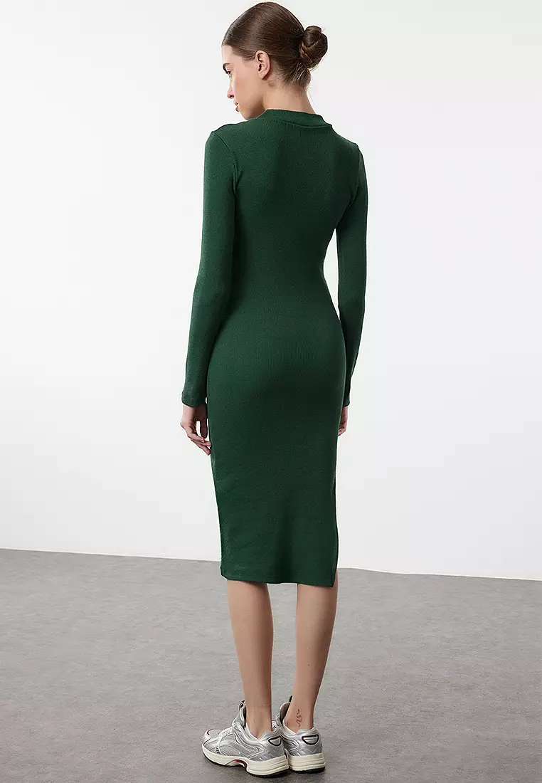 Fitted Slit Knit Midi Dress