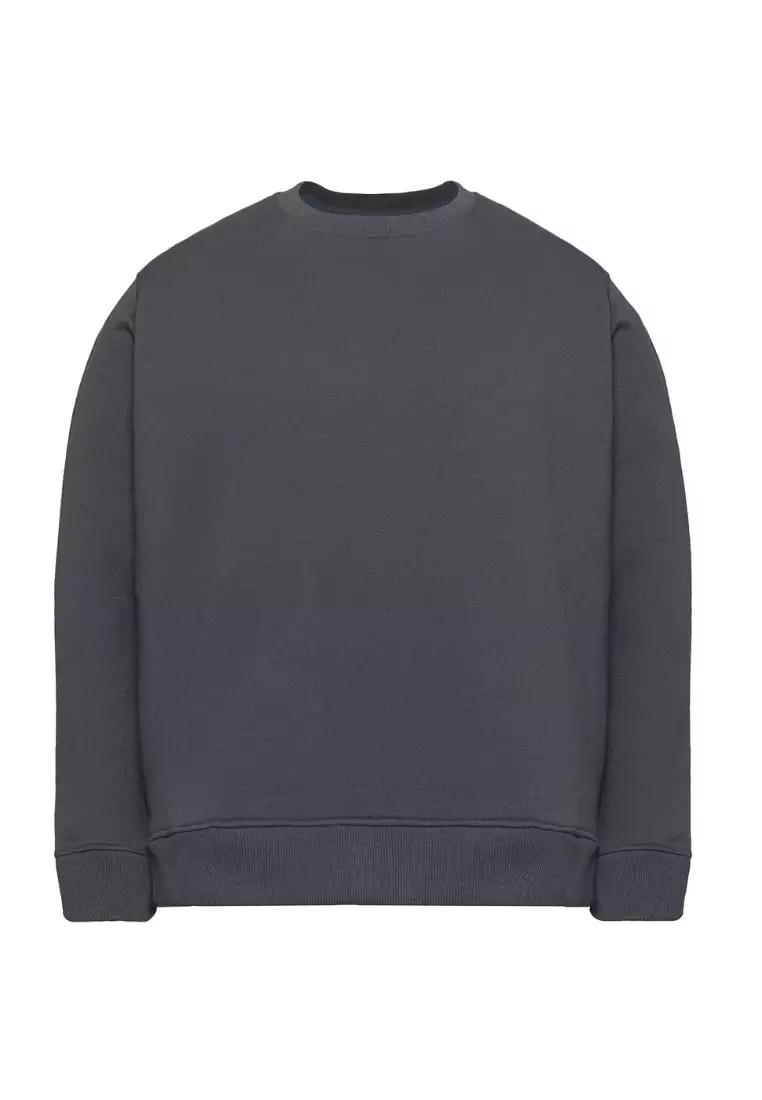 Cotton Well Coofy Crewneck Sweatshirt with Hidden Pocket Dark Grey | Sweater Polos Kantong Tersembunyi Abu Tua Charcoal