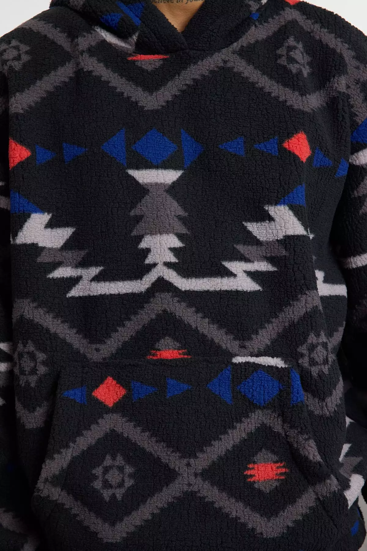 Black Unisex Oversize/Wide Cut Patterned Sherpa Fleece/Plush Hooded Sweatshirt TMNAW25SW00147