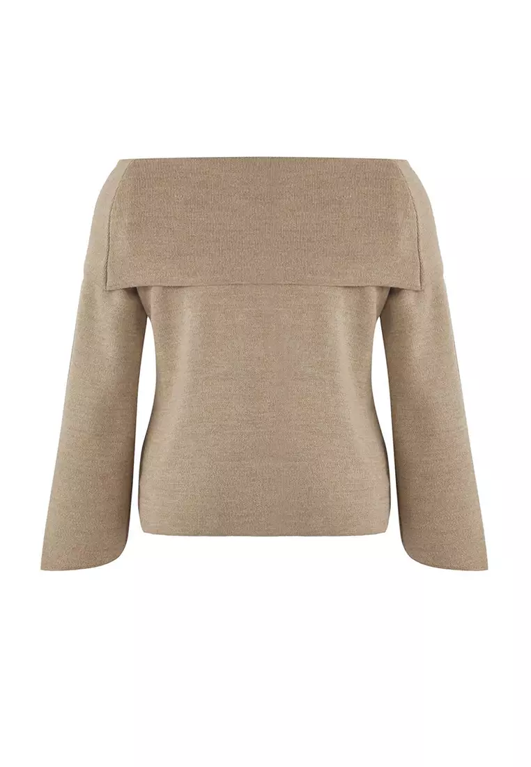 Mink Carmen Collar Flower Detailed Thin Knit Sweater Tbbaw26An00037