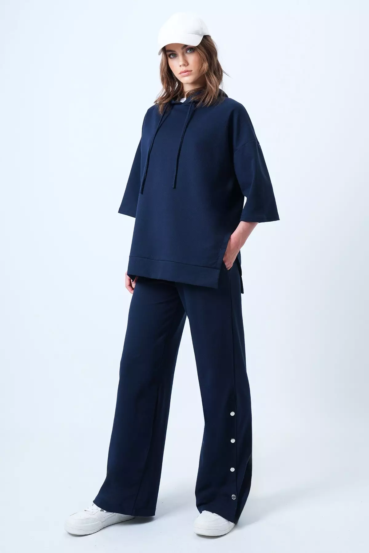 Navy Blue Hooded Sweatshirt With Side Slits And Wide-Legged Trousers Set Alc-X14607
